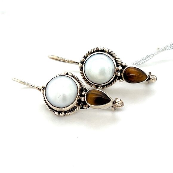 Jewelry - 925 Silver Pearl/Tiger Eye Earrings